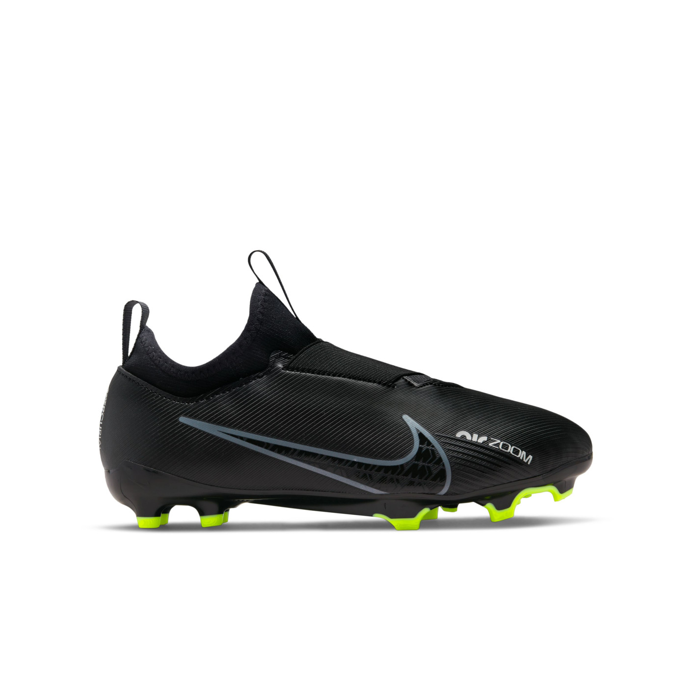 Nike Zoom Mercurial Vapor 15 Academy Laceless Grass/Artificial Grass Football Shoes (MG) Kids Black Grey Neon Yellow