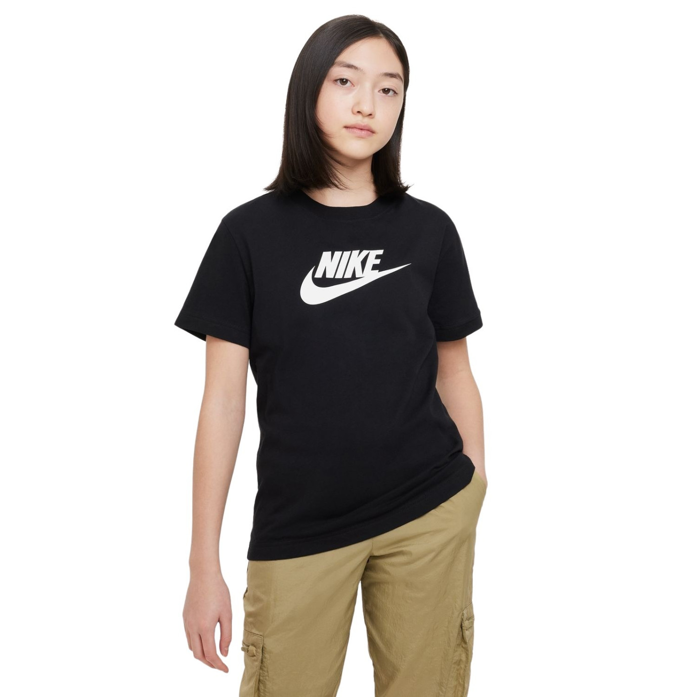 Nike Logo Sportswear T-Shirt Girls Black White 
