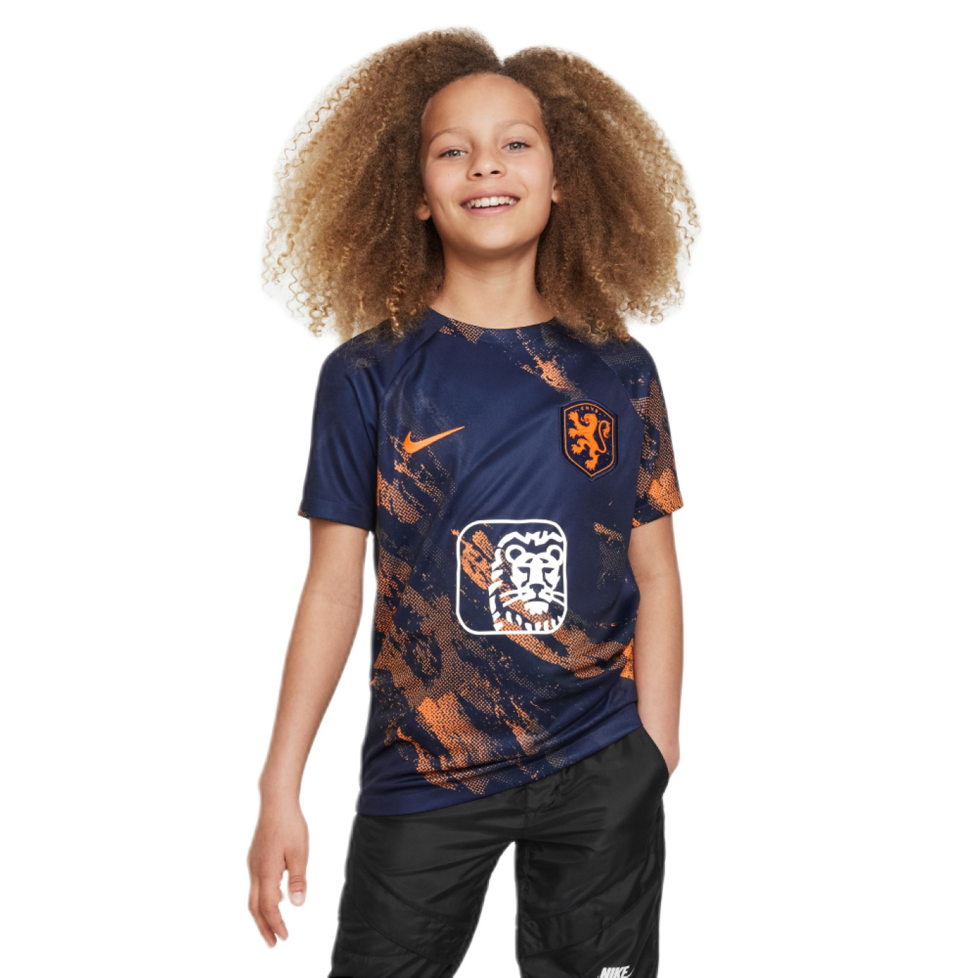 Nike Nederland Pre-Match Trainingsshirt 2023-2024 Kids Donkerblauw Oranje