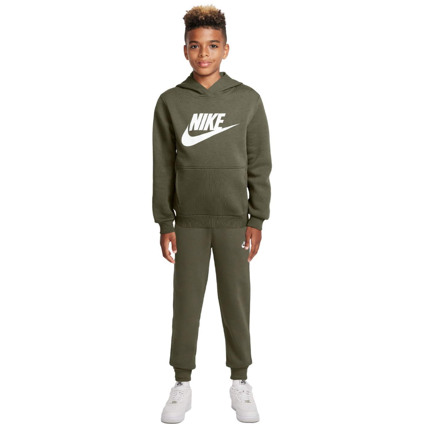 Nike Sportswear Club Fleece Big Logo Hoodie Trainingspak Kids Olijfgroen Wit