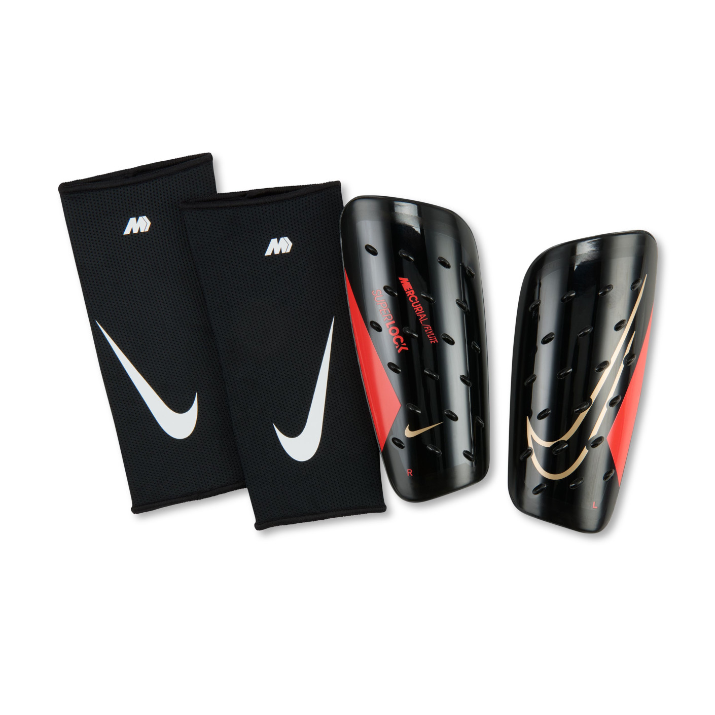 Nike Mercurial FlyLite Superlock Shin Guards Black Bright Red Gold
