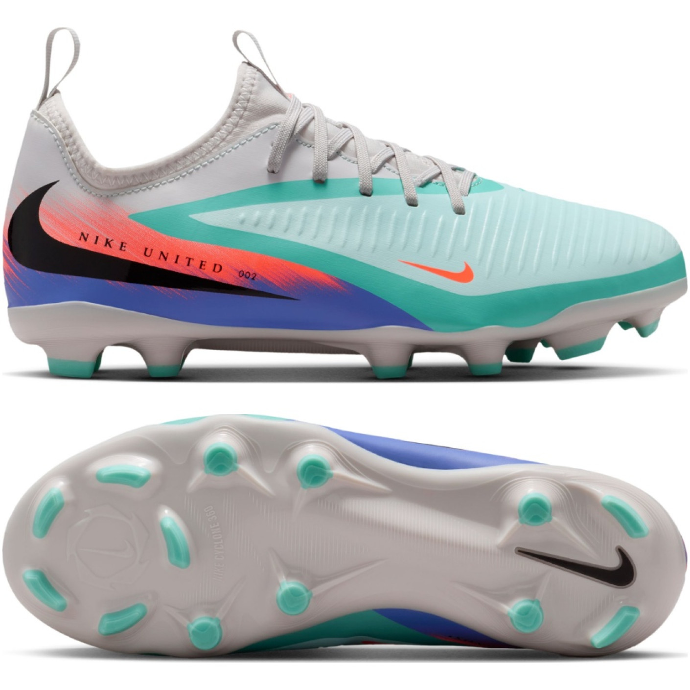 Nike Phantom 6 Low Academy Grass/Artificial Grass Football Boots (MG) Kids Silver Turquoise Orange Blue
